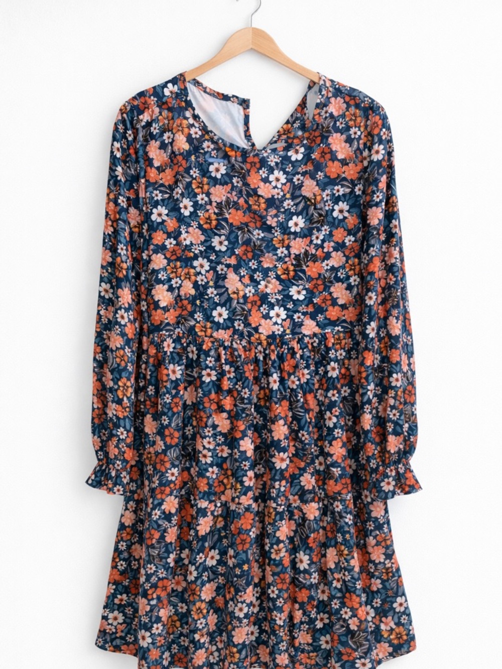 Floral Long-Sleeve Tiered Dress in Navy and Coral
